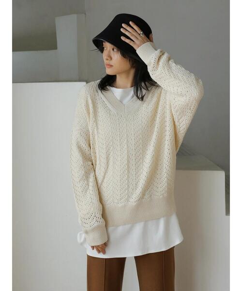 AMERICAN HOLIC（アメリカンホリック）の「Vネックテープヤーンニットプルオーバー（ニット/セーター・レディース・アイボリー/モカ・M/L）」の2枚目の写真