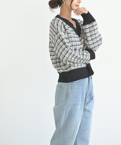 rps(アールピーエス)の「ツイードルックVネックニットプルオーバー(ニット/セーター・レディース・ブラック/ベージュ/オフホワイト・M)」の16枚目の写真