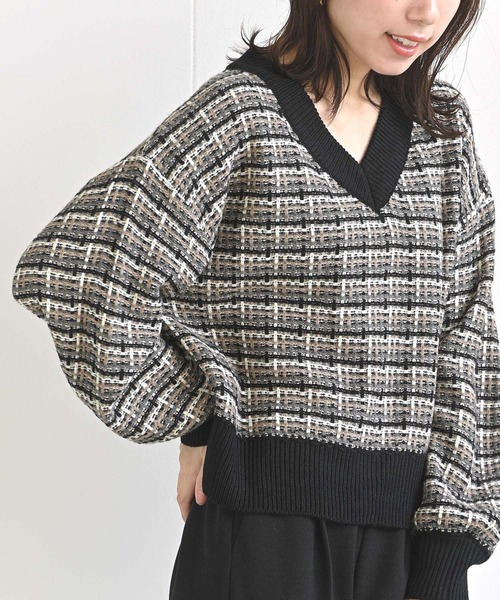 rps(アールピーエス)の「ツイードルックVネックニットプルオーバー(ニット/セーター・レディース・ブラック/ベージュ/オフホワイト・M)」の8枚目の写真