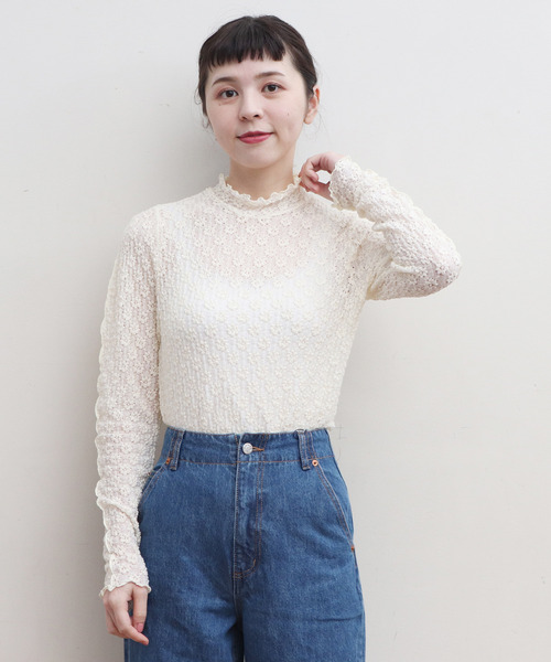 Dot&Stripes CHILD WOMAN(ドットアンドストライプス チャイルドウーマン)の「縮絨ラッセルレース メローハイネックプルオーバー(Tシャツ/カットソー・レディース・アイボリー/ブラック/グリーン・FREE)」の2枚目の写真