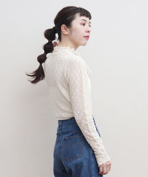 Dot&Stripes CHILD WOMAN(ドットアンドストライプス チャイルドウーマン)の「縮絨ラッセルレース メローハイネックプルオーバー(Tシャツ/カットソー・レディース・アイボリー/ブラック/グリーン・FREE)」の5枚目の写真