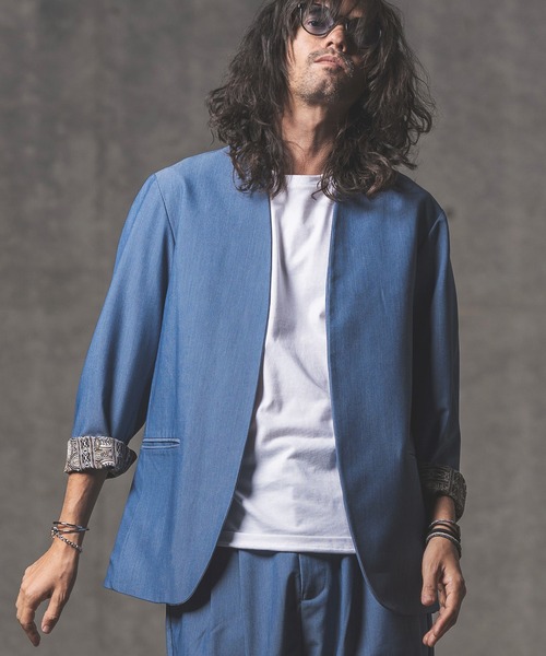 GLIMCLAP（グリムクラップ）の「mj8363-Stretch Dungaree collar-less jacket ジャケット（ノーカラージャケット・メンズ・インディゴブルー/ブラック・M/L/S）」の15枚目の写真