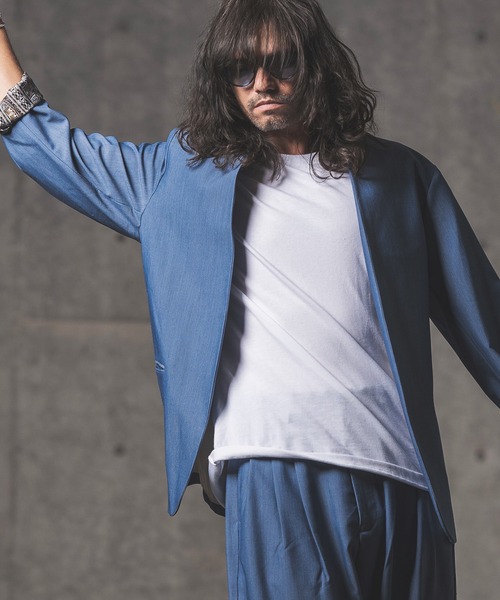 GLIMCLAP（グリムクラップ）の「mj8363-Stretch Dungaree collar-less jacket ジャケット（ノーカラージャケット・メンズ・インディゴブルー/ブラック・M/L/S）」の16枚目の写真