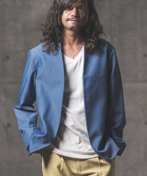 GLIMCLAP（グリムクラップ）の「mj8363-Stretch Dungaree collar-less jacket ジャケット（ノーカラージャケット・メンズ・インディゴブルー/ブラック・M/L/S）」の17枚目の写真