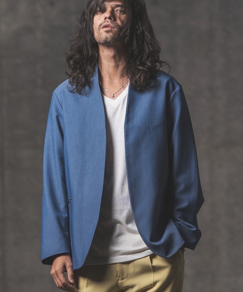 GLIMCLAP（グリムクラップ）の「mj8363-Stretch Dungaree collar-less jacket ジャケット（ノーカラージャケット・メンズ・インディゴブルー/ブラック・M/L/S）」の18枚目の写真