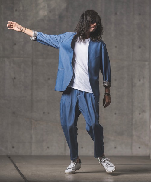 GLIMCLAP（グリムクラップ）の「mj8363-Stretch Dungaree collar-less jacket ジャケット（ノーカラージャケット・メンズ・インディゴブルー/ブラック・M/L/S）」の19枚目の写真