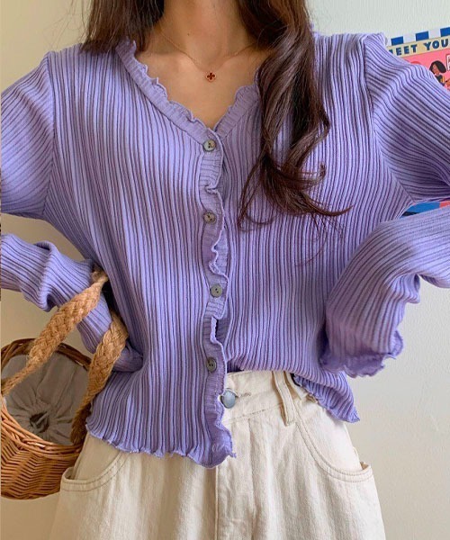 Chaco closet（チャコ クローゼット）の「Vネックメローリブカーディガン（カーディガン/ボレロ・レディース・ブラック/パープル/ブラウン/イエロー/グリーン・FREE）」の4枚目の写真