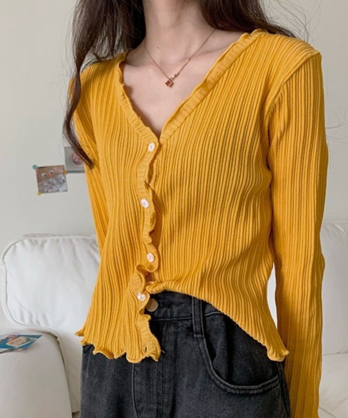 Chaco closet（チャコ クローゼット）の「Vネックメローリブカーディガン（カーディガン/ボレロ・レディース・ブラック/パープル/ブラウン/イエロー/グリーン・FREE）」の5枚目の写真