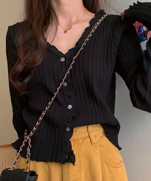 Chaco closet（チャコ クローゼット）の「Vネックメローリブカーディガン（カーディガン/ボレロ・レディース・ブラック/パープル/ブラウン/イエロー/グリーン・FREE）」の2枚目の写真