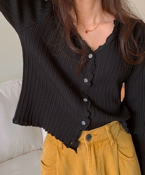 Chaco closet（チャコ クローゼット）の「Vネックメローリブカーディガン（カーディガン/ボレロ・レディース・ブラック/パープル/ブラウン/イエロー/グリーン・FREE）」の17枚目の写真