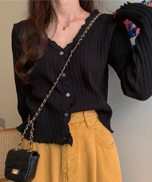 Chaco closet（チャコ クローゼット）の「Vネックメローリブカーディガン（カーディガン/ボレロ・レディース・ブラック/パープル/ブラウン/イエロー/グリーン・FREE）」の18枚目の写真