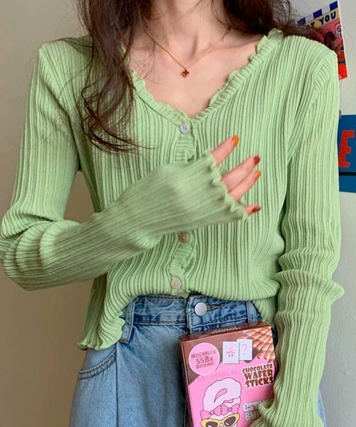 Chaco closet（チャコ クローゼット）の「Vネックメローリブカーディガン（カーディガン/ボレロ・レディース・ブラック/パープル/ブラウン/イエロー/グリーン・FREE）」の22枚目の写真