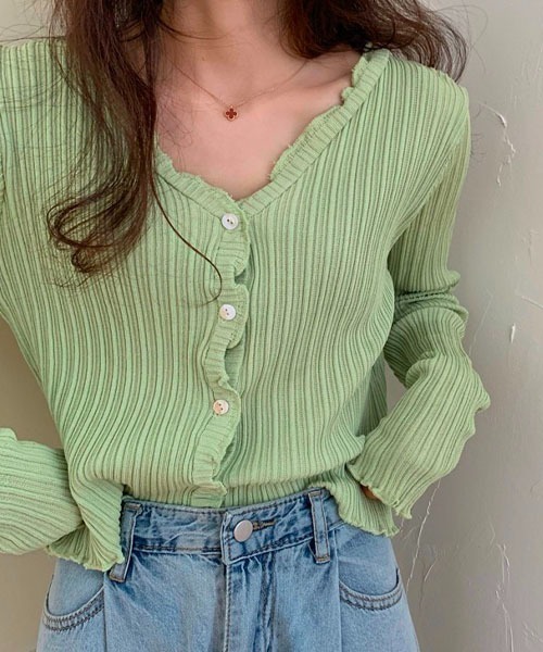 Chaco closet（チャコ クローゼット）の「Vネックメローリブカーディガン（カーディガン/ボレロ・レディース・ブラック/パープル/ブラウン/イエロー/グリーン・FREE）」の20枚目の写真