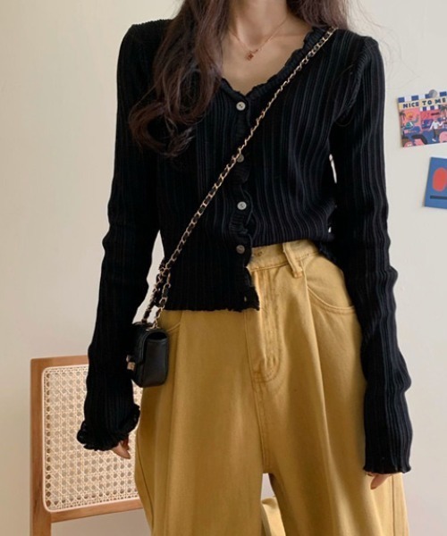 Chaco closet（チャコ クローゼット）の「Vネックメローリブカーディガン（カーディガン/ボレロ・レディース・ブラック/パープル/ブラウン/イエロー/グリーン・FREE）」の15枚目の写真