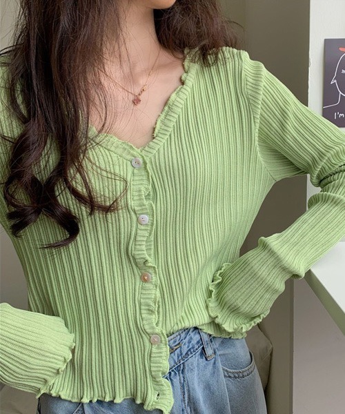 Chaco closet（チャコ クローゼット）の「Vネックメローリブカーディガン（カーディガン/ボレロ・レディース・ブラック/パープル/ブラウン/イエロー/グリーン・FREE）」の14枚目の写真