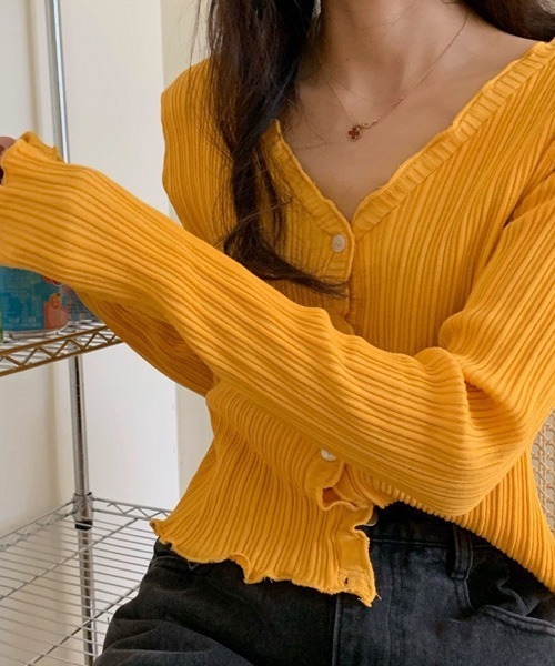 Chaco closet（チャコ クローゼット）の「Vネックメローリブカーディガン（カーディガン/ボレロ・レディース・ブラック/パープル/ブラウン/イエロー/グリーン・FREE）」の9枚目の写真