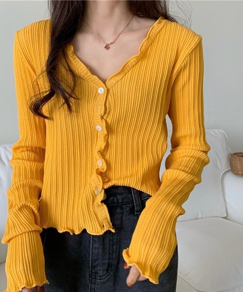 Chaco closet（チャコ クローゼット）の「Vネックメローリブカーディガン（カーディガン/ボレロ・レディース・ブラック/パープル/ブラウン/イエロー/グリーン・FREE）」の8枚目の写真