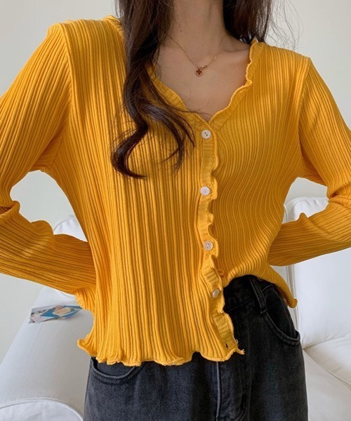 Chaco closet（チャコ クローゼット）の「Vネックメローリブカーディガン（カーディガン/ボレロ・レディース・ブラック/パープル/ブラウン/イエロー/グリーン・FREE）」の7枚目の写真