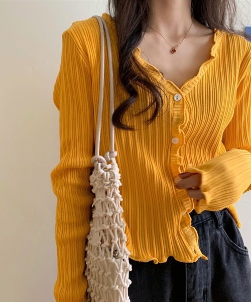 Chaco closet（チャコ クローゼット）の「Vネックメローリブカーディガン（カーディガン/ボレロ・レディース・ブラック/パープル/ブラウン/イエロー/グリーン・FREE）」の6枚目の写真