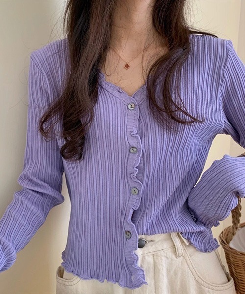 Chaco closet（チャコ クローゼット）の「Vネックメローリブカーディガン（カーディガン/ボレロ・レディース・ブラック/パープル/ブラウン/イエロー/グリーン・FREE）」の12枚目の写真