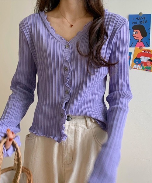 Chaco closet（チャコ クローゼット）の「Vネックメローリブカーディガン（カーディガン/ボレロ・レディース・ブラック/パープル/ブラウン/イエロー/グリーン・FREE）」の10枚目の写真