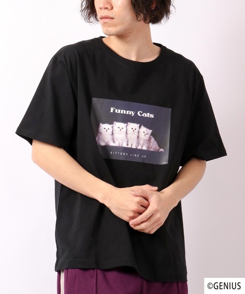 FUNALIVE(ファンアライブ)の「なめねこ フォトプリントTee(Tシャツ/カットソー・メンズ・ブルー/ホワイト系その他/ホワイト/ブラック/ブラック系その他・LL/M/L)」の1枚目の写真