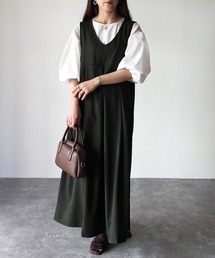 Riberry | Vネック切替タックジャンパースカート(ジャンパースカート)