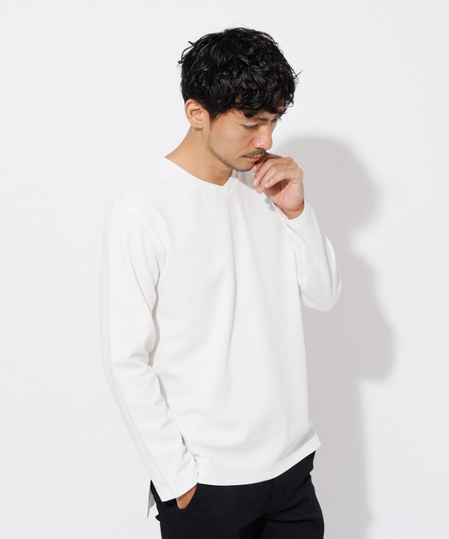 ABAHOUSE GRAY(アバハウスグレイ)の「リンクス ジャガード Vネック 長袖Tシャツ(Tシャツ/カットソー・メンズ・グレイッシュベージュ/グリーン/ホワイト/ブラック・48/46)」の1枚目の写真