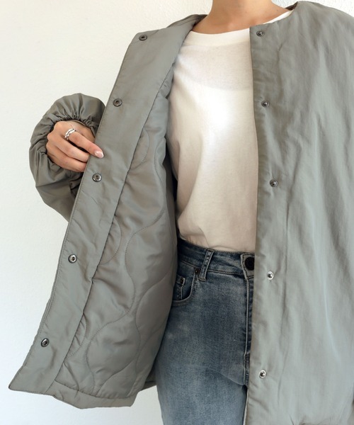 サイドファスナーノーカラーブルゾンジャケット（ダウン