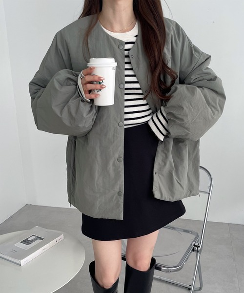 ジャケット・アウター soramame セール】サイドファスナーノーカラーブルゾンジャケット（ダウン