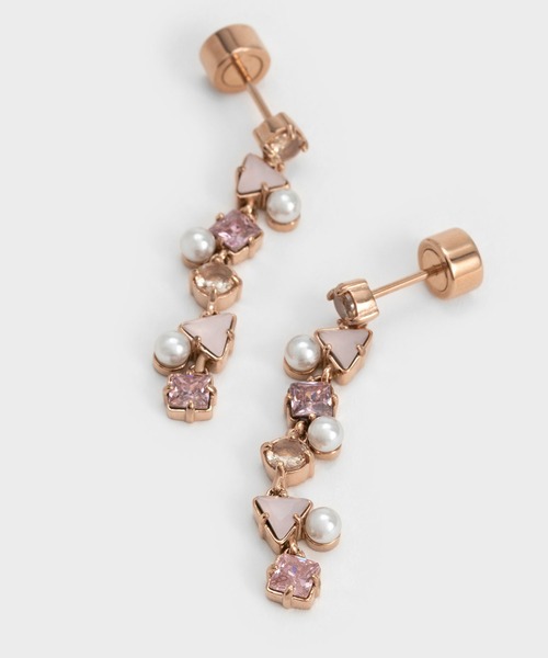 CHARLES & KEITH(チャールズ & キース)の「ビーズド&クリスタルエンベリッシュド ドロップピアス(ピアス(両耳用)・レディース・アイボリー/ゴールド系その他/ライラック・FREE)」の3枚目の写真