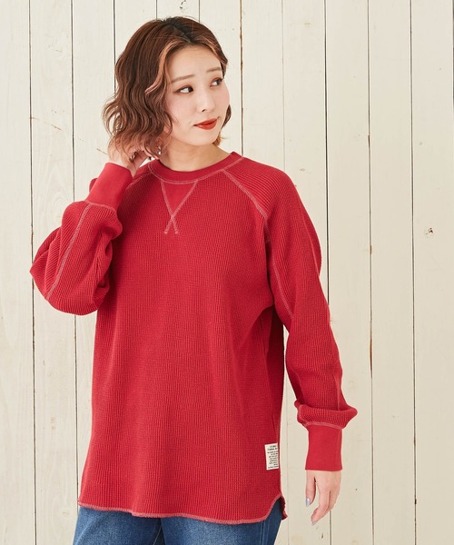 CUBE SUGAR(キューブシュガー)の「無地ワッフル変り袖プルオーバー長袖Tシャツ(Tシャツ/カットソー・レディース・レッド/カーキ/ブルー/ホワイト・M)」の4枚目の写真