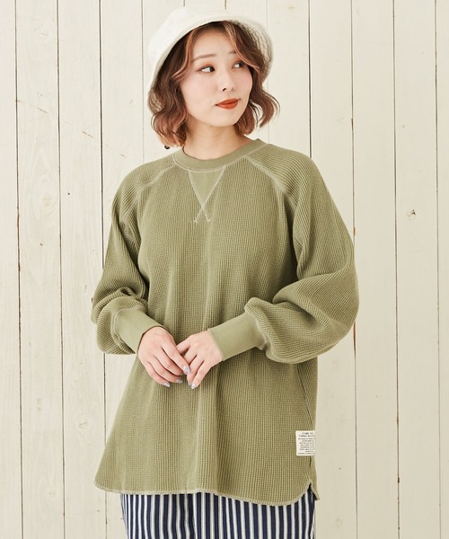 CUBE SUGAR(キューブシュガー)の「無地ワッフル変り袖プルオーバー長袖Tシャツ(Tシャツ/カットソー・レディース・レッド/カーキ/ブルー/ホワイト・M)」の2枚目の写真
