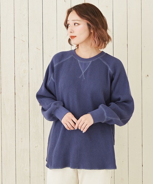 CUBE SUGAR(キューブシュガー)の「無地ワッフル変り袖プルオーバー長袖Tシャツ(Tシャツ/カットソー・レディース・レッド/カーキ/ブルー/ホワイト・M)」の3枚目の写真