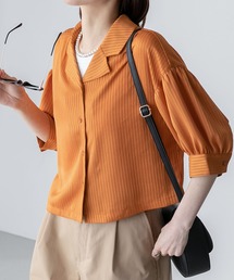 シアーストライプ ボリュームスリーブ クロップド開襟シャツ