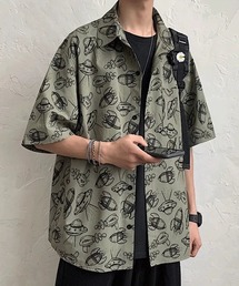 【BENDER TOKYO】ルーズシルエット 総柄プリント ドレープ レギュラーカラーシャツ/半袖