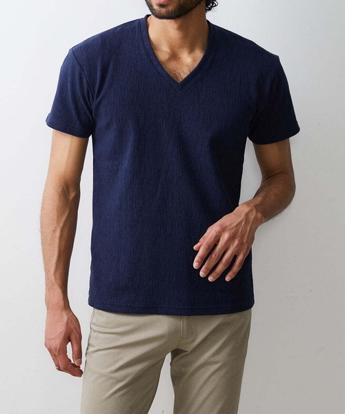 MK MICHEL KLEIN HOMME (エムケーミッシェルクランオム)の「カットソー / 楊柳(ヨウリュウ)Vネックカットソー(Tシャツ/カットソー・メンズ・ホワイト/ネイビー/ライトグレー/ピンク・46/48/51)」の3枚目の写真