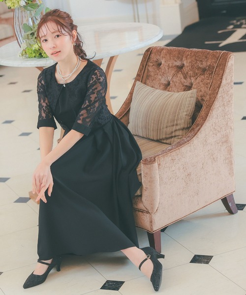 パーティードレス 花柄 レースケープ風 ハイウエスト Aライン