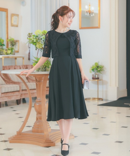 パーティードレス 花柄 レースケープ風 ハイウエスト Aライン