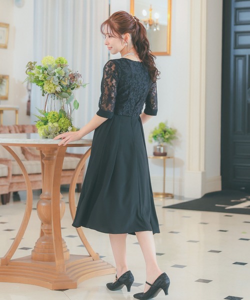 セール】パーティードレス 花柄 レースケープ風 ハイウエスト A