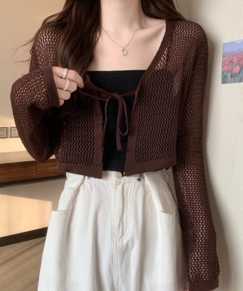 セール】透かし編みニット メッシュクロップド カーディガン