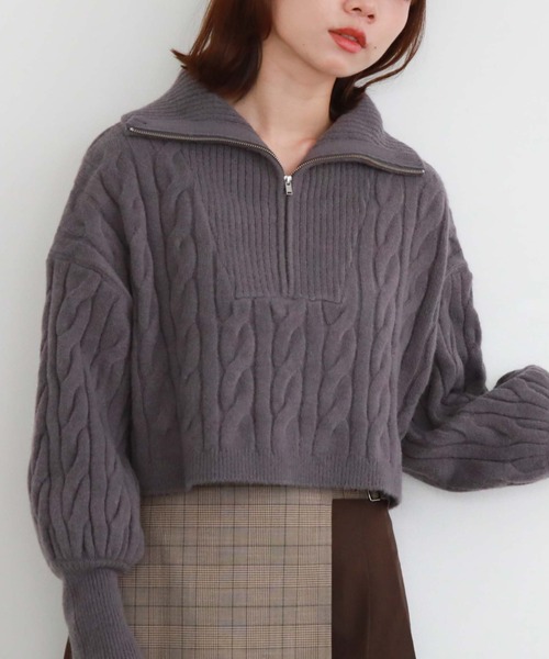 archives(アルシーヴ)の「ハーフzipショートケーブルニット(ニット/セーター・レディース・チャコールグレー/アイボリー/ピンクベージュ/グレー/ブラック・MEDIUM)」の4枚目の写真