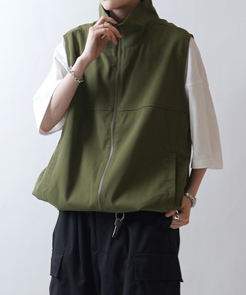 24SS セットアップ対応 スタンドネック 裾ひもドロスト フルジップナイロンテックベスト【Confirm】（ベスト）｜Confirm（コンファーム）