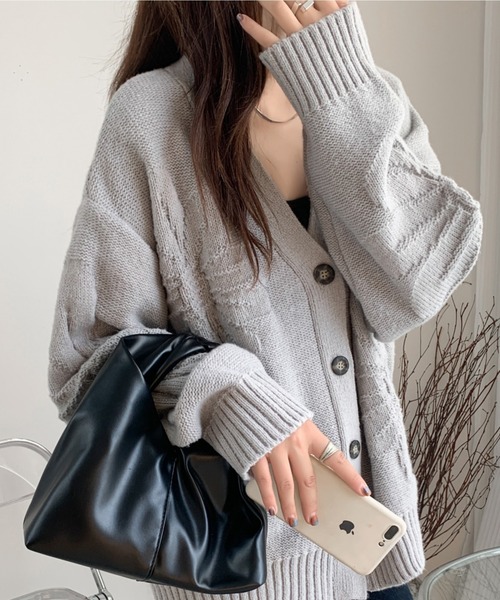 ABITOKYO（アビトーキョー）の「フラワージャガードオーバーシルエットVネックカーディガン（カーディガン/ボレロ・レディース・チャコールグレー/ライトグレー/ブラック/アイボリー・FREE）」の4枚目の写真