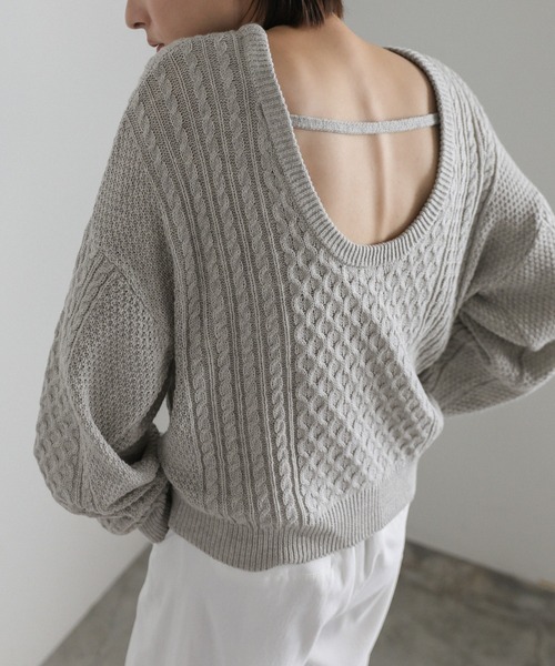 セール】バックオープンパッチワーク編みニット（ニット/セーター