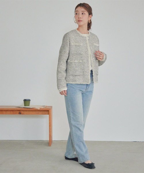 titivate（ティティベイト）の「フリンジデザインツイードジャケット（ノーカラージャケット・レディース・ネイビー/ホワイト系その他/ブラック/オフホワイト・S/M/L）」の16枚目の写真