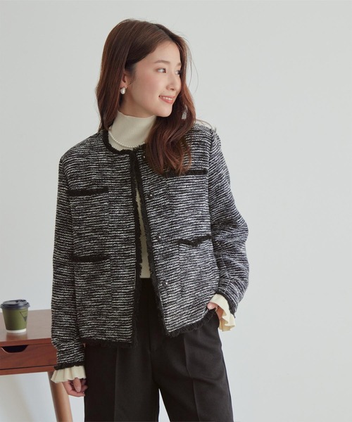 titivate（ティティベイト）の「フリンジデザインツイードジャケット（ノーカラージャケット・レディース・ネイビー/ホワイト系その他/ブラック/オフホワイト・S/M/L）」の22枚目の写真
