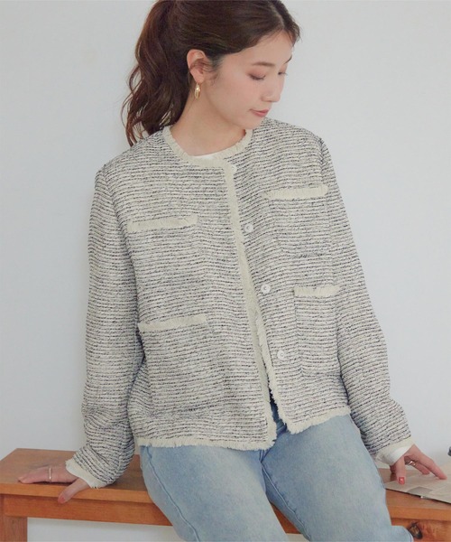 titivate（ティティベイト）の「フリンジデザインツイードジャケット（ノーカラージャケット・レディース・ネイビー/ホワイト系その他/ブラック/オフホワイト・S/M/L）」の11枚目の写真