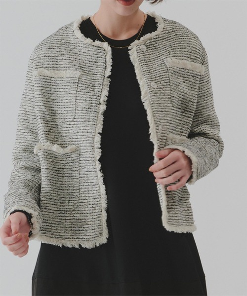 titivate（ティティベイト）の「フリンジデザインツイードジャケット（ノーカラージャケット・レディース・ネイビー/ホワイト系その他/ブラック/オフホワイト・S/M/L）」の8枚目の写真