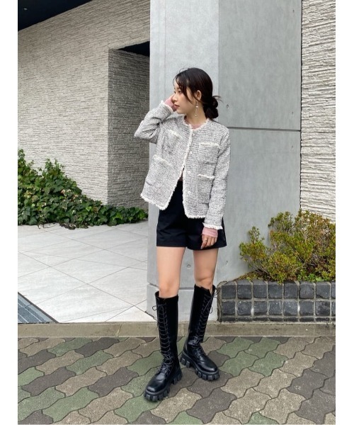 titivate（ティティベイト）の「フリンジデザインツイードジャケット（ノーカラージャケット・レディース・ネイビー/ホワイト系その他/ブラック/オフホワイト・S/M/L）」の12枚目の写真